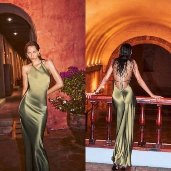 Reformation Jeany 100% Silk Dress in Olive Oil - Picture 1 of 3